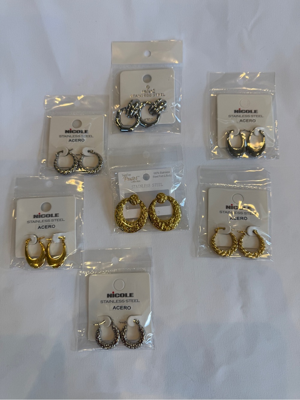 ✨ NWT Stainless Steel Textured Hoop Earrings Set of 7• Gold & Silver Mixed Tones